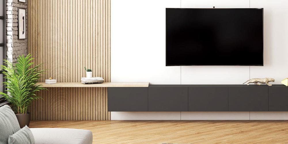 Living room with decorative slat wall panels and modern floating TV cabinet