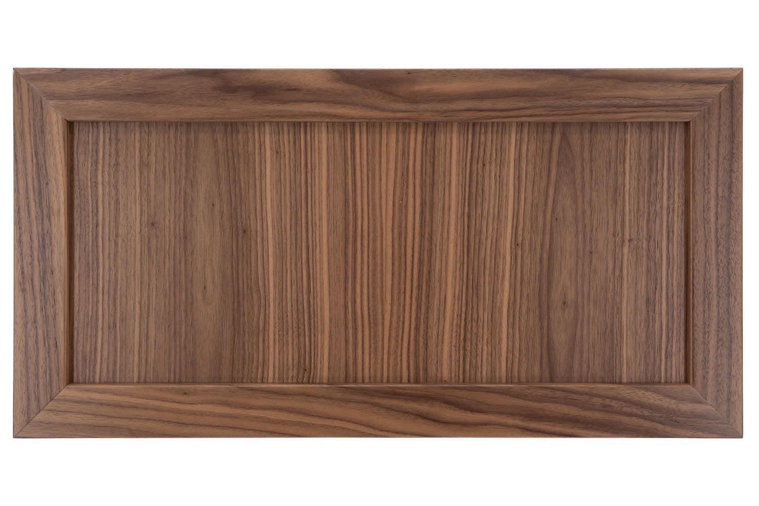 European Walnut veneer shaker cabinet door with recessed center panel and beveled frame