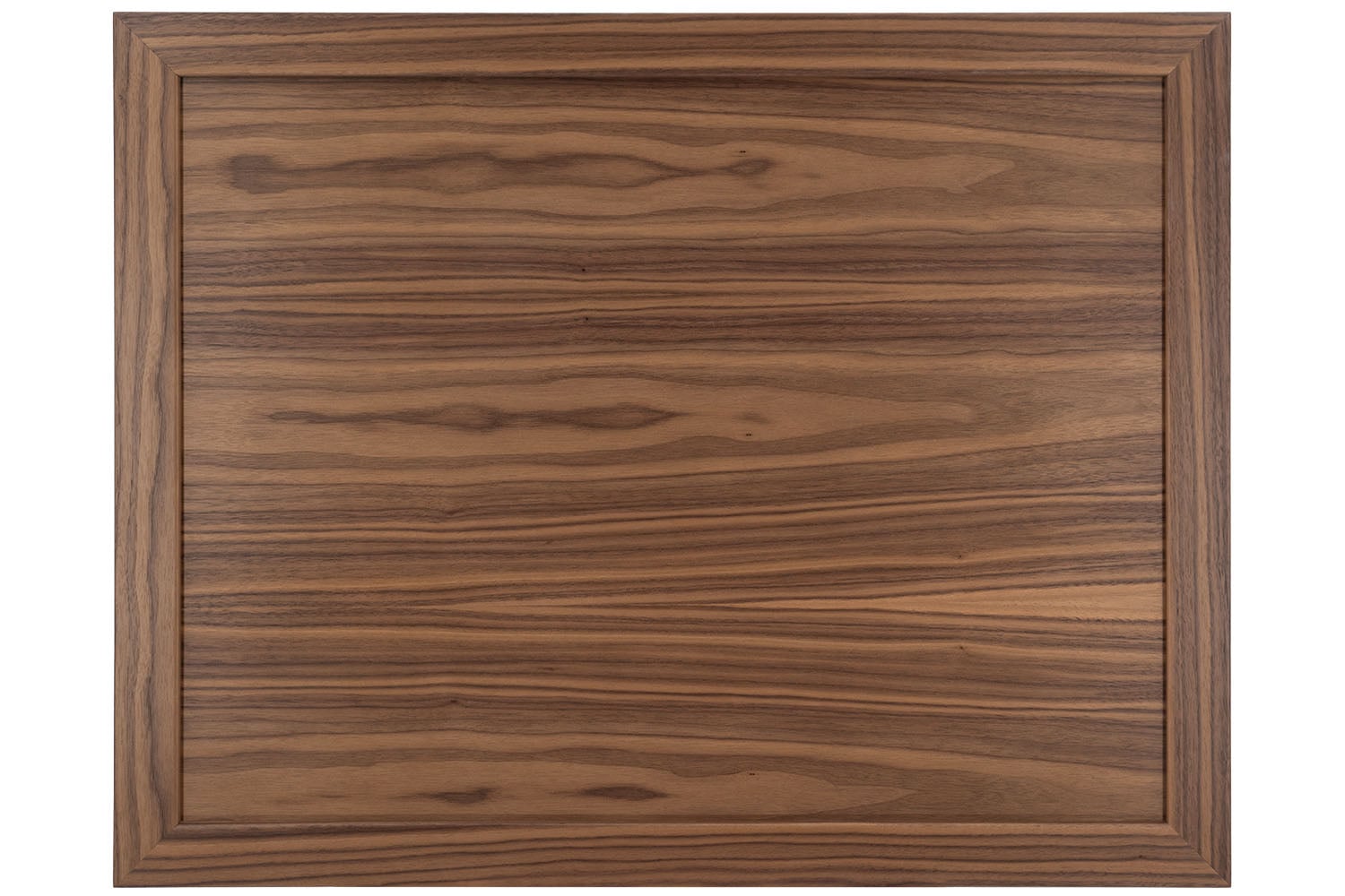 Walnut veneer shaker cabinet door with recessed center panel and beveled frame