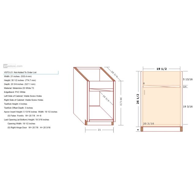 Vanity Sink Cabinet 26.5/30.5 inch High 20 3/4 inch Deep 21 inch Wide For One False Drawer Front & One Door