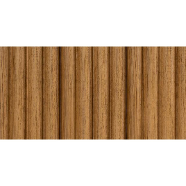 Straight front view of Teak Fluted Slat Wall Panel displaying its warm wood tone and fluted texture.