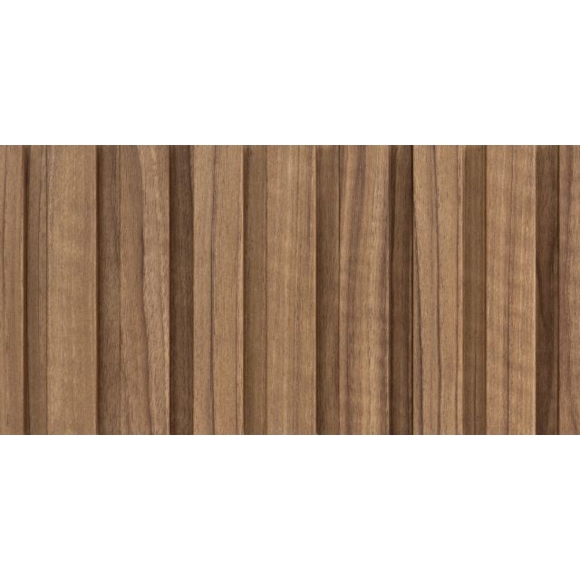 Straight front view of Walnut One Inch Slat Wall Panel showcasing its deep wood grain and fluted design.