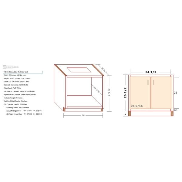 Vanity Sink Cabinet 26.5/30.5 inch High 20 3/4 inch Deep 36 inch Wide For Two Full-Height Doors