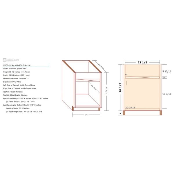 Vanity Sink Cabinet For A Tilt-Out Sink Tray 26.5/30.5 inch High 20 3/4 inch Deep 24 inch Wide For One False Drawer Front & One Door