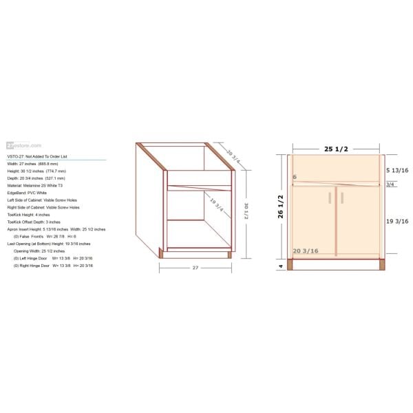 Vanity Sink Cabinet For A Tilt-Out Sink Tray 26.5/30.5 inch High 20 3/4 inch Deep 27 inch Wide For One False Drawer Front & Two Doors