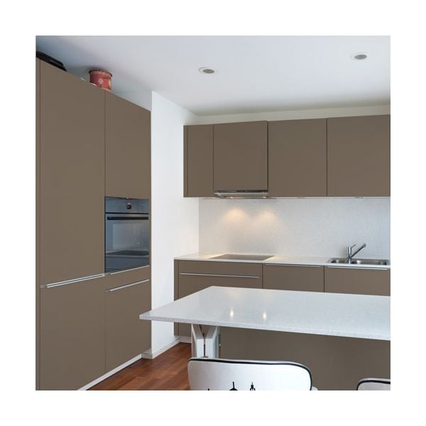 Modern kitchen featuring Acrylic Matte Cappuccino cabinet doors with cozy, open layout design