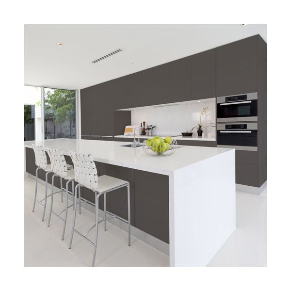 Modern kitchen featuring Acrylic Matte Graphite cabinet doors with sleek, contemporary design