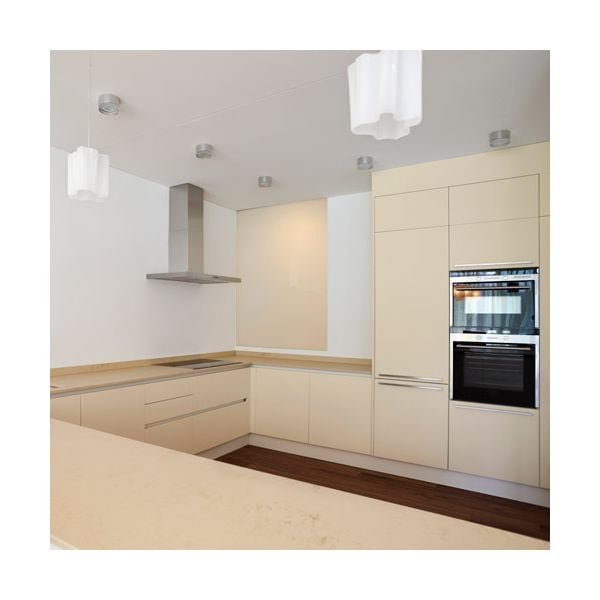 Square view of kitchen featuring Acrylic Matte Ivory cabinet doors and soft neutral palette