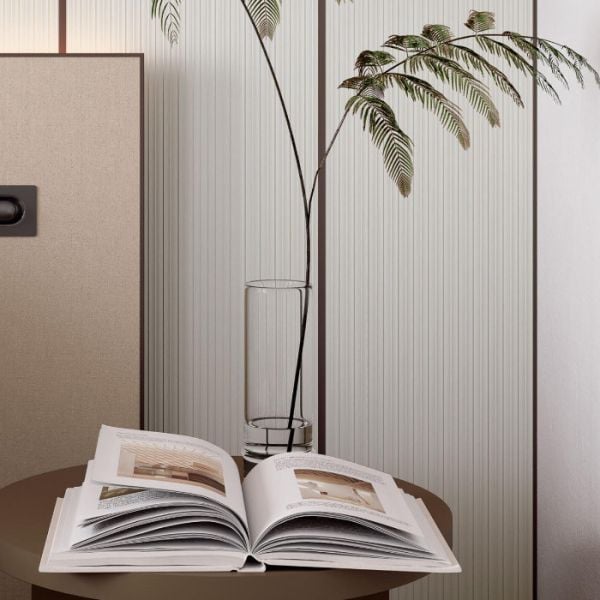 Cannettato fluted wall paneling in a bedroom, lacquered in off white Soft Touch