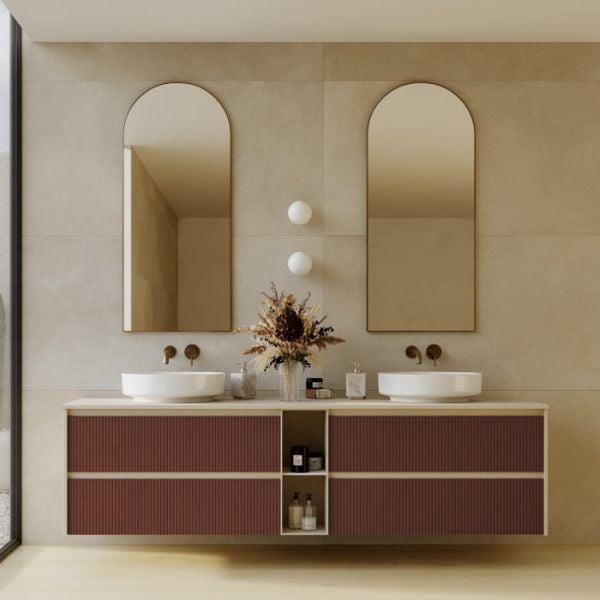 Flute reeded vanity fronts in terracotta Soft Touch lacquer in a bathroom