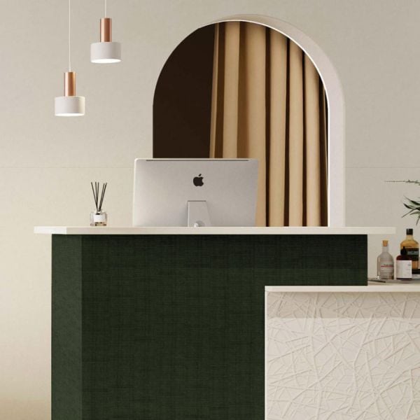 Fuji micro fluted wall paneling behind a retail counter, lacquered in cream Soft Touch