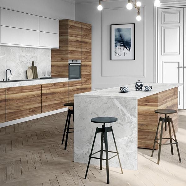 Contemporary kitchen design featuring Imperial Walnut lower cabinets