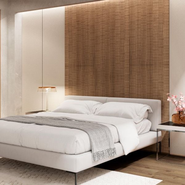 Prisma diamond wall paneling behind a bed, lacquered in ivory Soft Touch