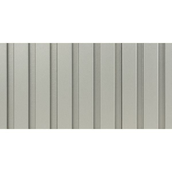 Straight front view of Aluminum Grey One Inch Slat Wall Panel showcasing its sleek metallic texture and fluted design.