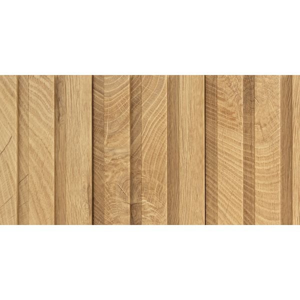 Straight front view of Natural Oak One Inch Slat Wall Panel showcasing its rich wood grain and fluted design.