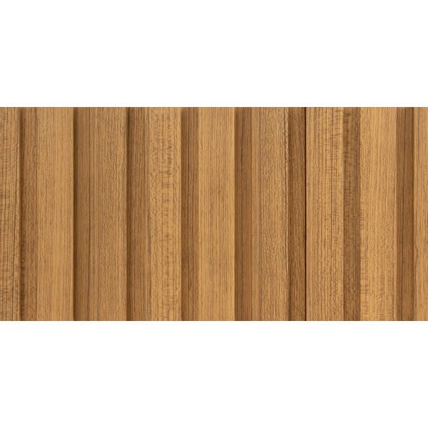Straight front view of Teak One Inch Slat Wall Panel showcasing its rich wood grain and fluted design.