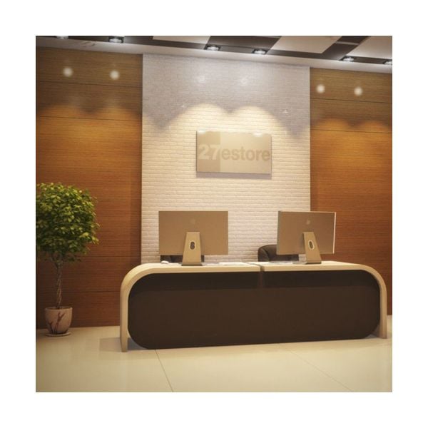 Modern office with teak wood veneer wall panels creating a warm, spa-like ambiance
