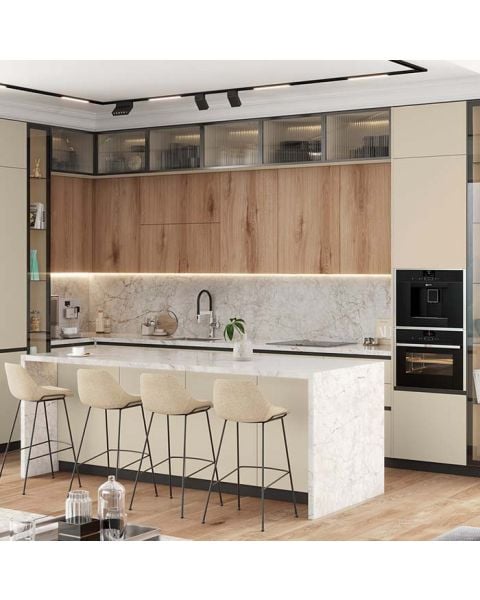 Modern kitchen with Natural Canella Oak cabinet doors and cream accents