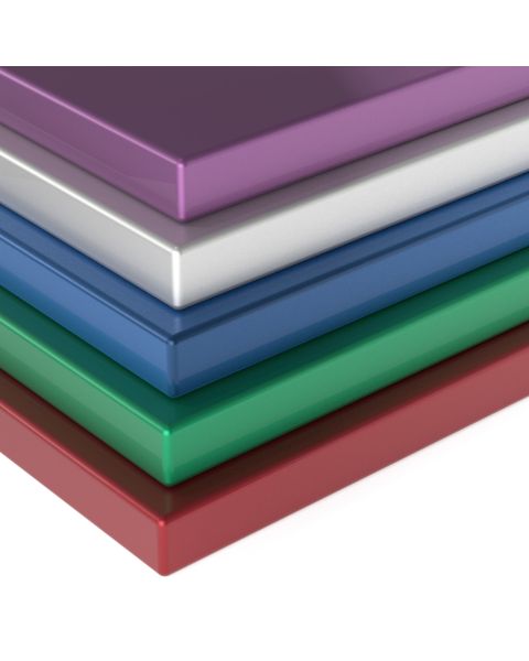 Angled view of high gloss lacquered cabinet door showing thickness and colored edge