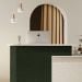Fuji micro fluted wall paneling behind a retail counter, lacquered in cream Soft Touch