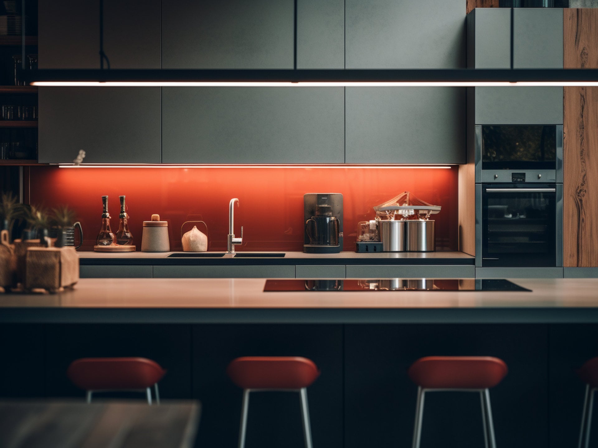 Modern frameless RTA kitchen cabinets in sage green with flat slab doors and orange backsplash