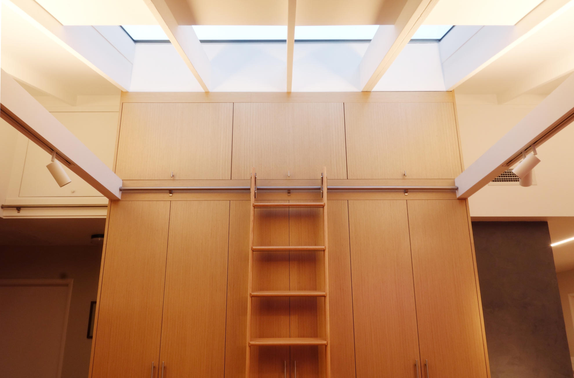 Floor-to-ceiling light oak veneer cabinet wall with rolling ladder and skylights