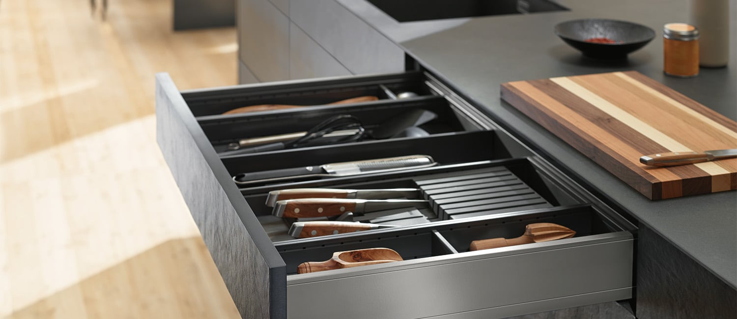 Blum Tecnoinox Tecnorock cutlery rack Tray S/Steel Dark wood For Blum Legrabox Drawer 